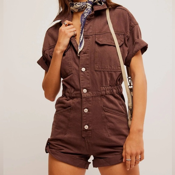 Free People Women's Marci Cuffed Shortall Brown Denim Romper - Picture 1 of 6